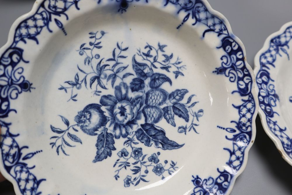 A Worcester Gilliflower pattern dish and stand, 24cm and a pair of Pine Cone pattern plates, 16cm, c.1775,